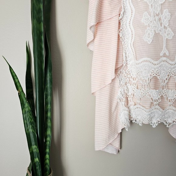 COCOMO | Peach & White Striped Short Sleeve Top with Lace Detail - Picture 2 of 6